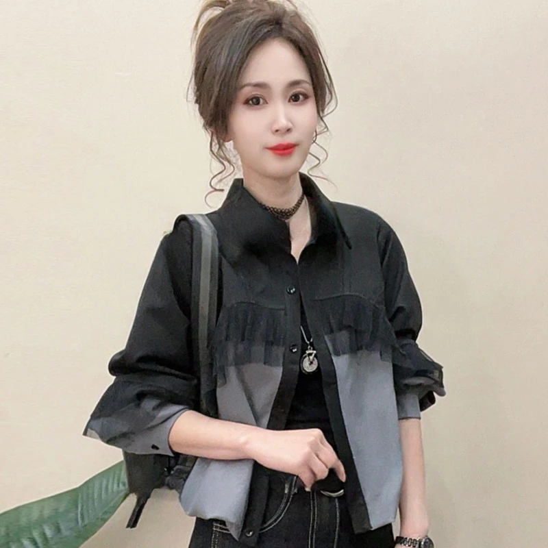 时尚休闲拼接衬衫女2025春秋新款气质减龄宽松显瘦百搭小个子上衣