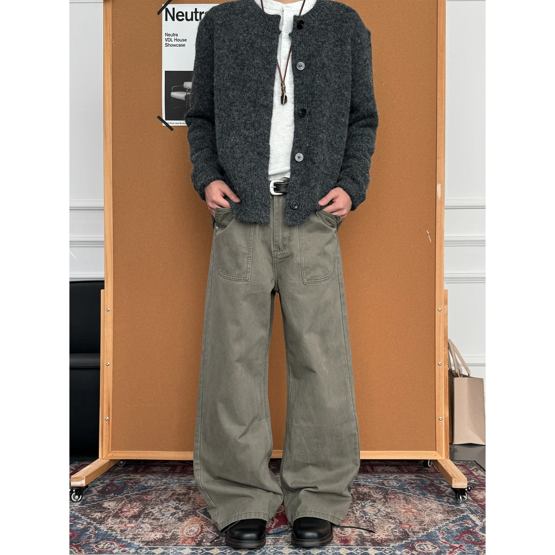 CZ2美式水洗复古做旧亚麻灰直筒裤男女牛仔裤阔腿宽松休闲长裤潮