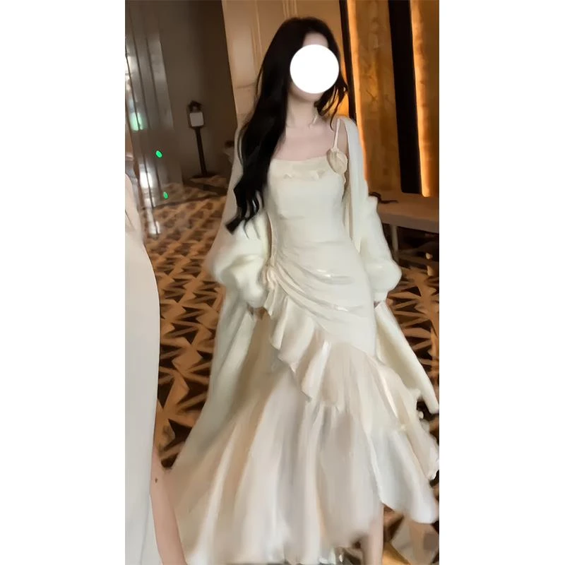 白色吊带礼服连衣裙2025年早秋新款鱼尾裙法式高级感长裙裙子女装