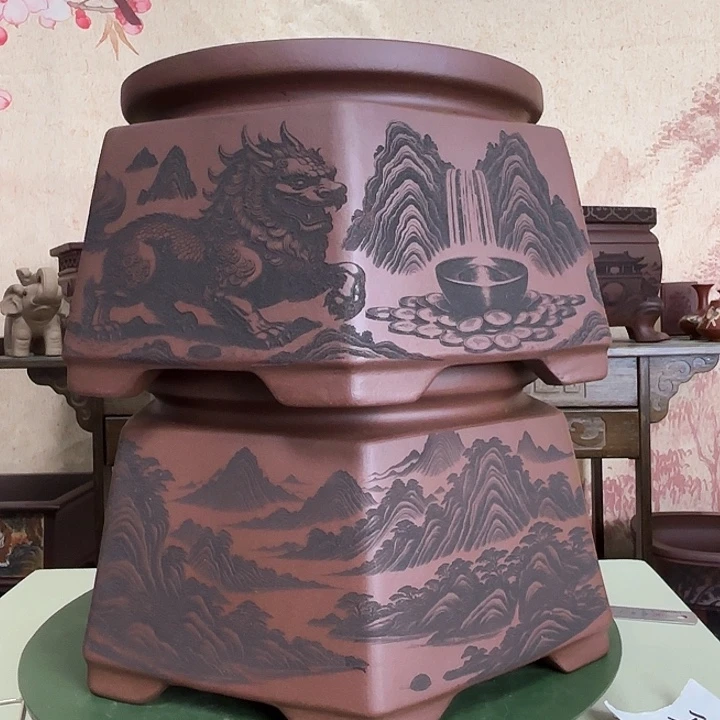 紫砂花盆刻绘麒麟+千里江山