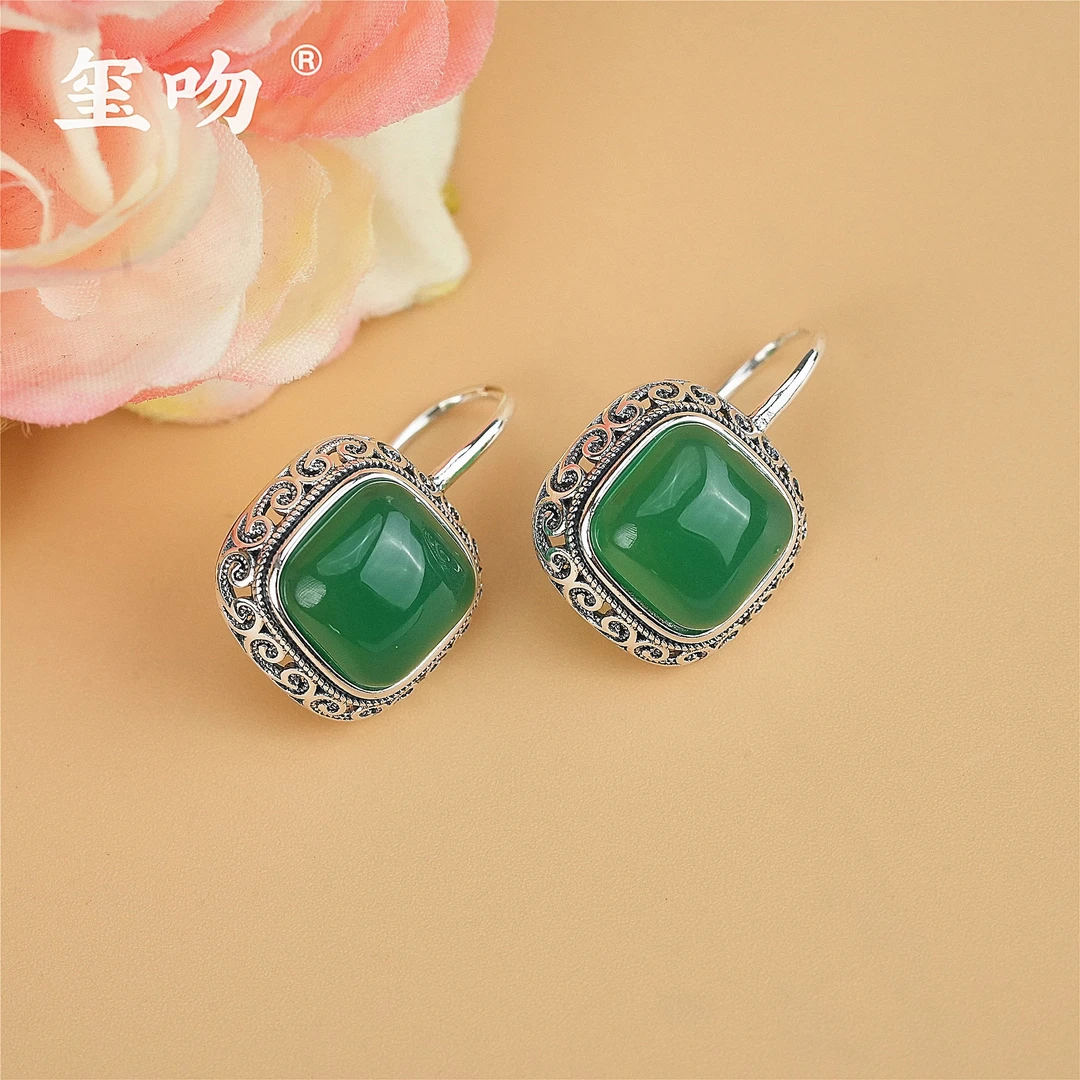 【玺吻】s925银 卷草纹 天然绿玛瑙耳坠