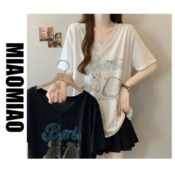 2025夏装新款胖mm大码女韩系设计感卡通印花短袖T恤上衣A0806