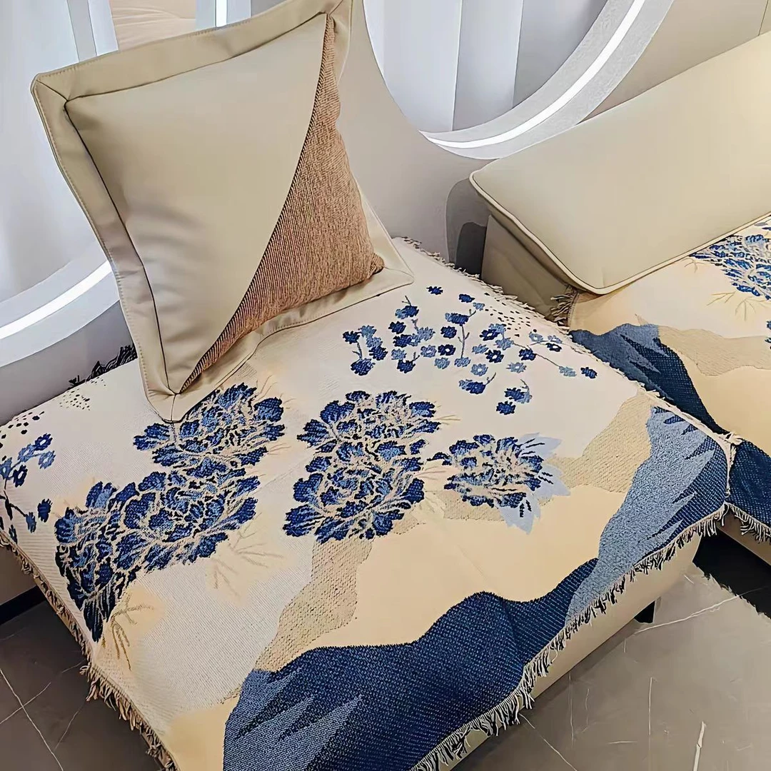 水墨画90*90单人位沙发巾通用线毯四季休闲毯±5公分沙发垫大气