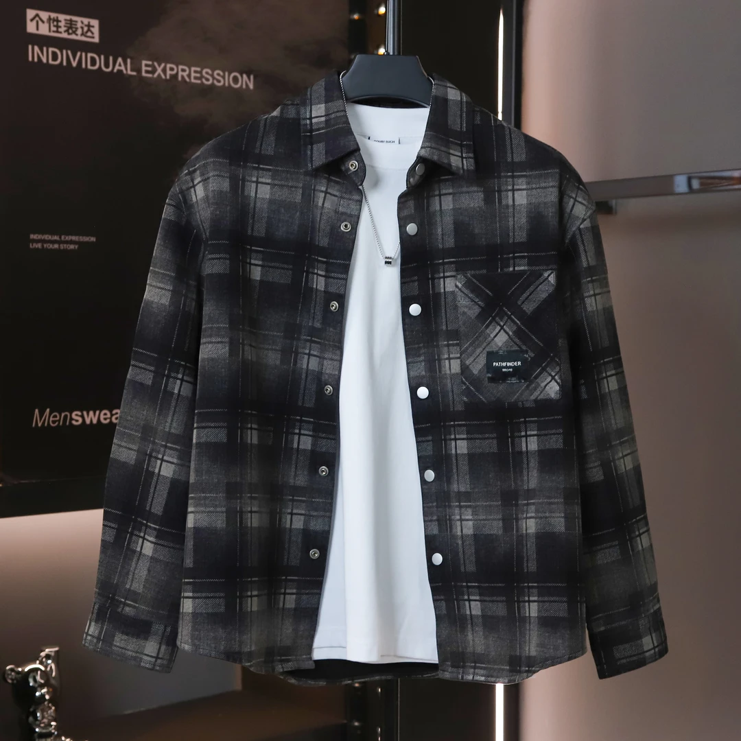 男士休闲痞帅潮流长袖时尚百搭宽松秋季帅气韩版牛仔格子衬衫外套