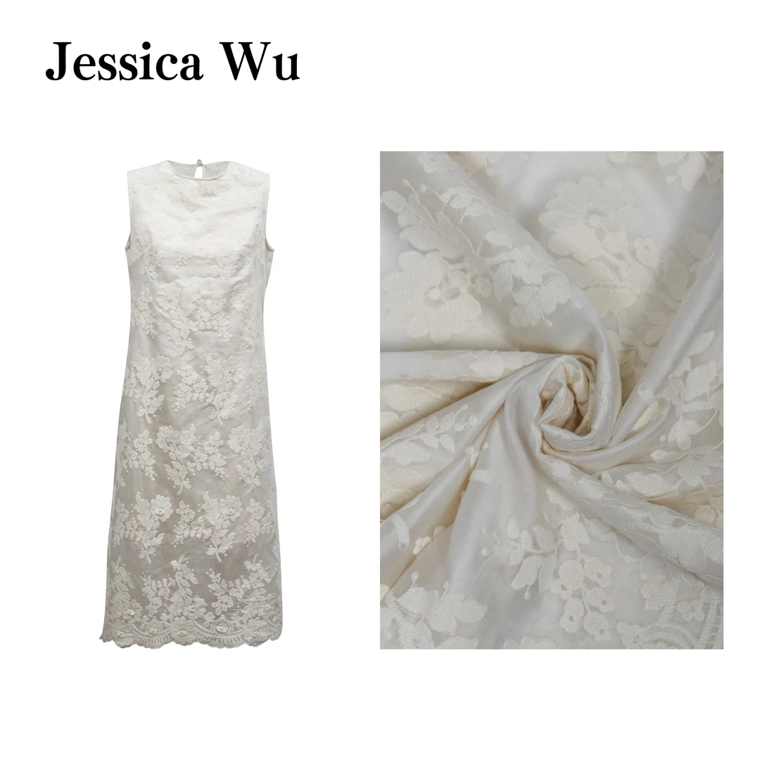 JESSICA WU织梦~重工浮雕花卉刺绣钉珠轻薄优雅无袖连衣裙