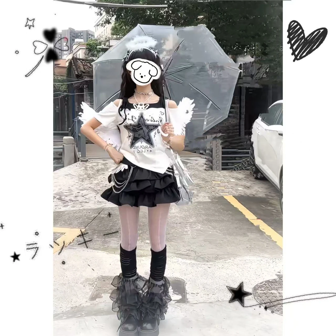 【坠落天使两件套】新款假两件短袖t恤女夏修身不规则短款上衣美式