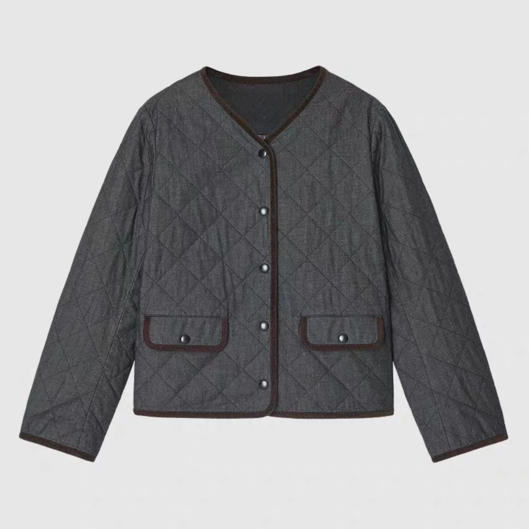 2174【土壤牛仔】禾女装2025秋季新款菱形格棉弹牛仔短款棉服