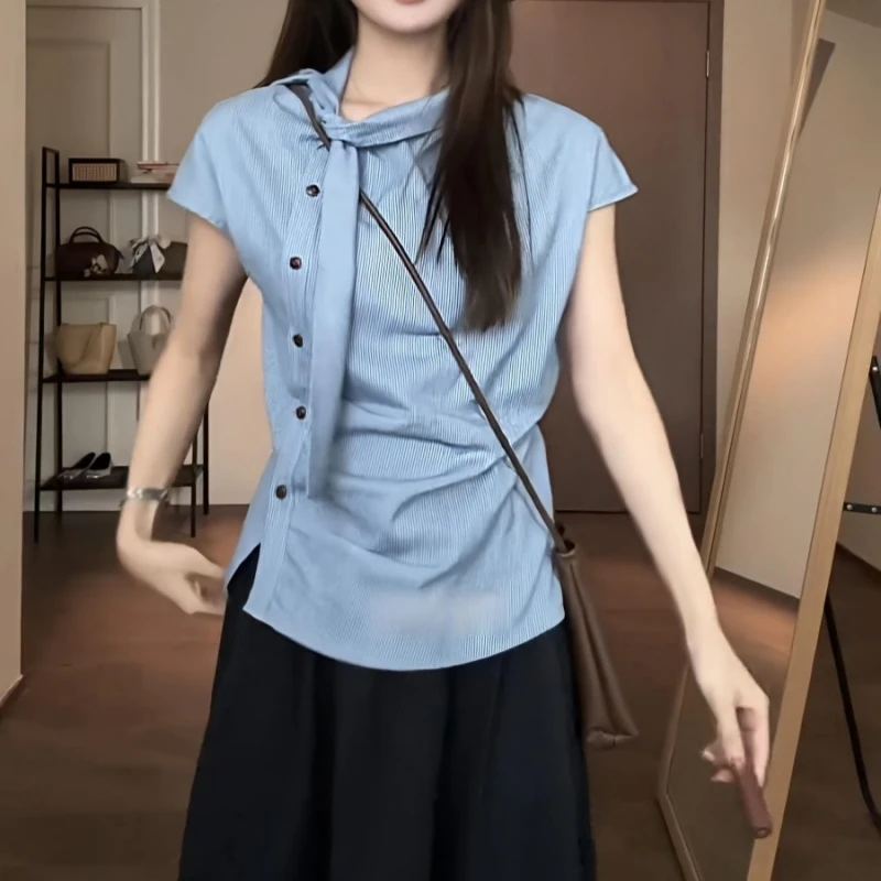 大码高级感条纹小飞袖飘带斜门襟衬衫女不规则休闲显瘦百搭上衣夏