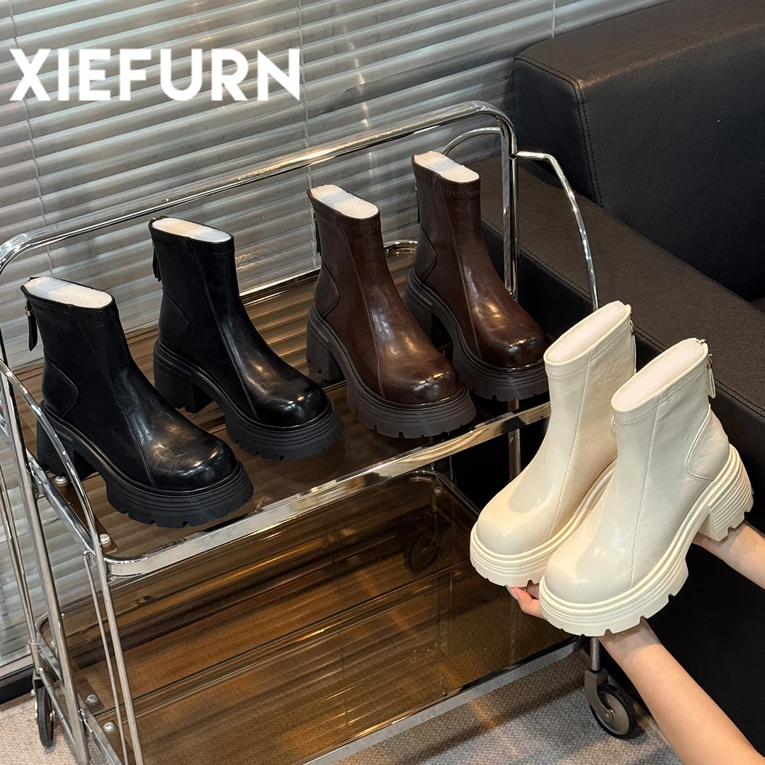 XIEFURN/鞋夫人马丁靴女2025秋冬新款厚底增高后拉链百搭瘦瘦靴