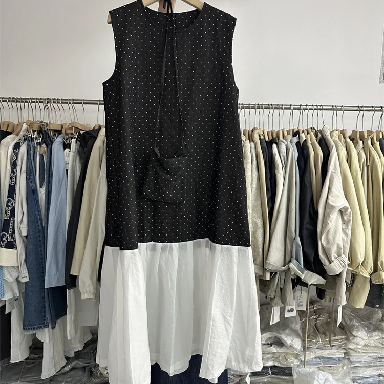 法式波点长款过膝连衣裙女2025夏季新款宽松显瘦假两件拼接背心裙