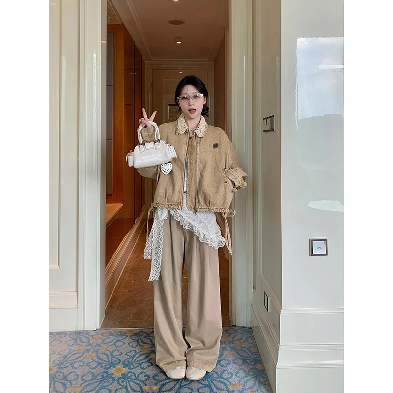 美式复古蕾丝拼接翻领牛仔外套女秋季新款设计感小众宽松夹克上衣