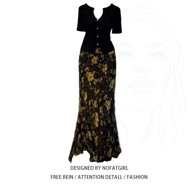 大码胖MM法式复古碎花半身裙女夏季新款高腰显瘦开叉休闲长裙套装