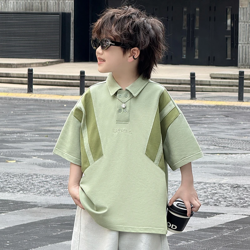 中班仔童装男童POLO衫中大童男孩拼接短袖2025新款上衣潮*43513