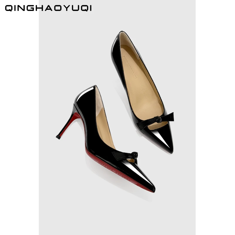 2025春季新款高跟鞋蝴蝶结粗带尖头细跟浅口女神通勤单鞋