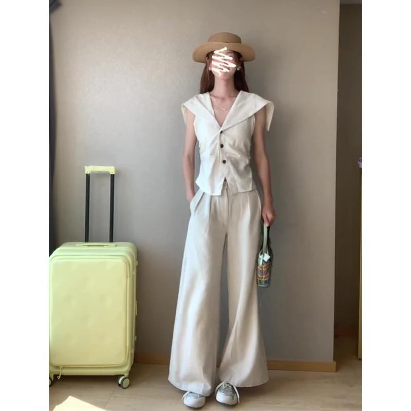 2025夏季新款女韩系穿搭海军领设计感上衣气质高腰显瘦阔腿长裤