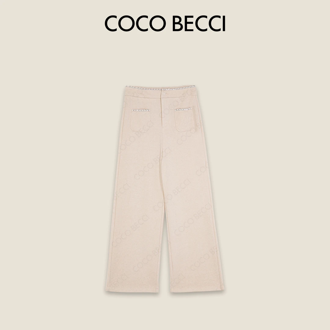 COCO BECCI【珍珠贝母】珍珠白织带阔腿剪裁百搭高腰裤CFLJD261108