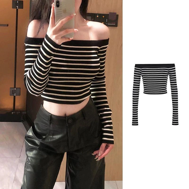 一字肩长袖条纹T恤女秋季辣妹短款上衣打底