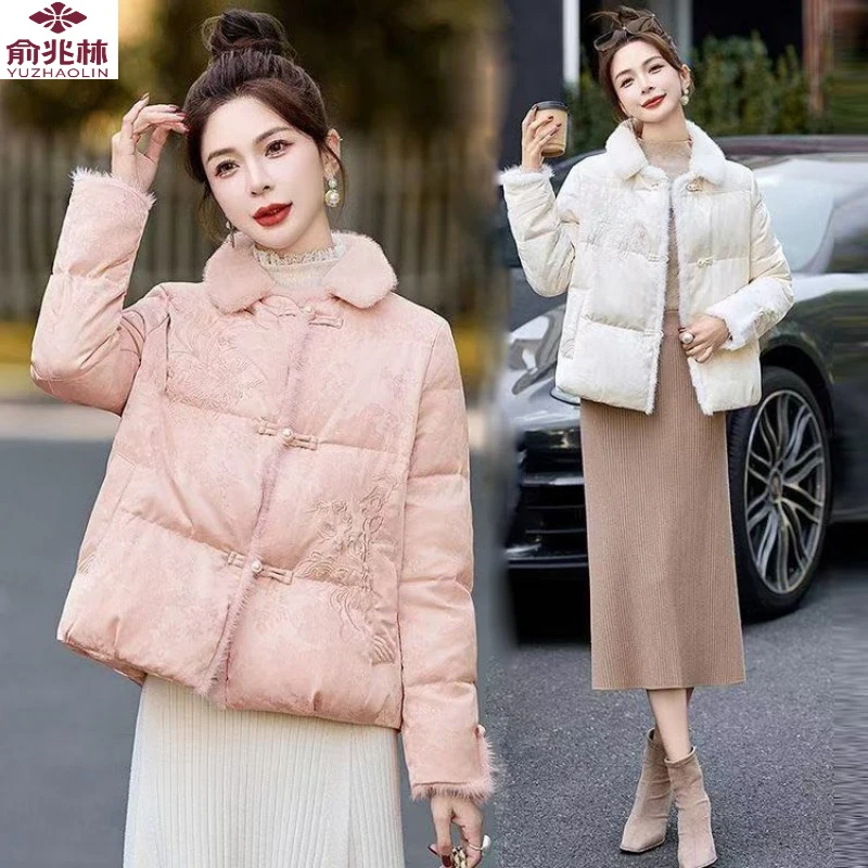 俞兆林新中式设计盘扣国风妈妈冬季加厚毛领棉衣保暖棉服外套棉袄