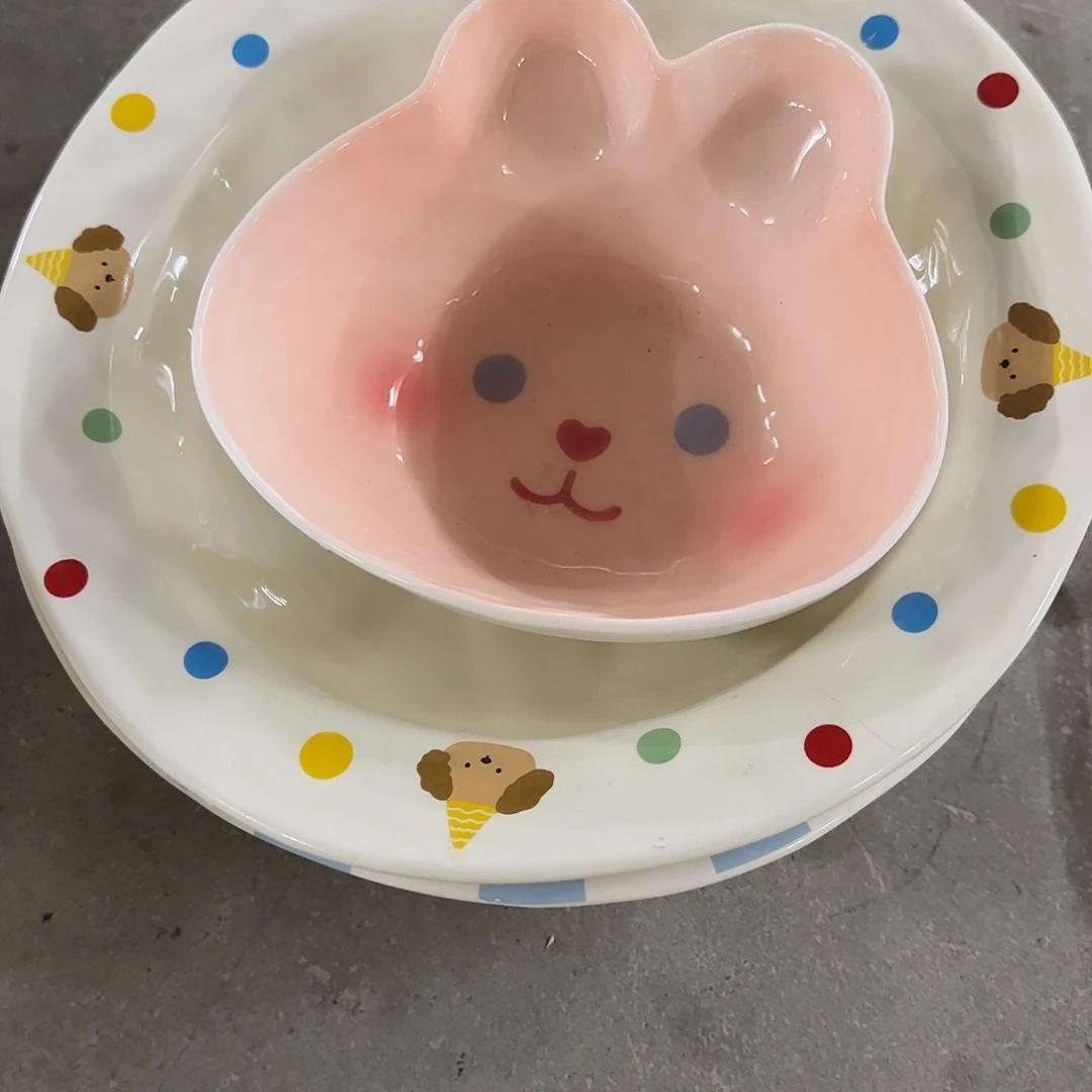小***蛋搪瓷微瑕蓝条纹加气球狗加兔子碗一个