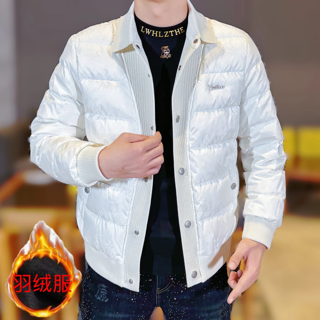 2025冬季新款男士高品质针织拼接山水画图案翻领休闲羽绒服外套