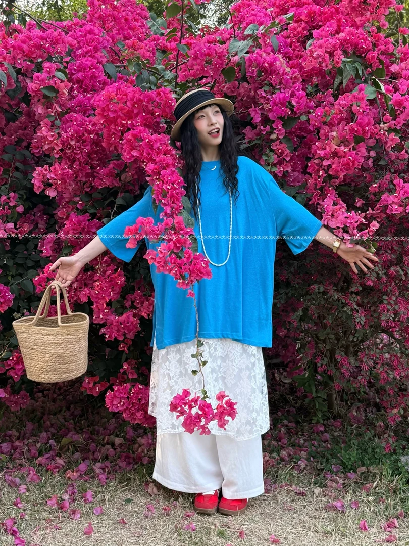 火火【橘子海】新款夏季宽松大码T恤显瘦麻料侧开叉设计感短袖女