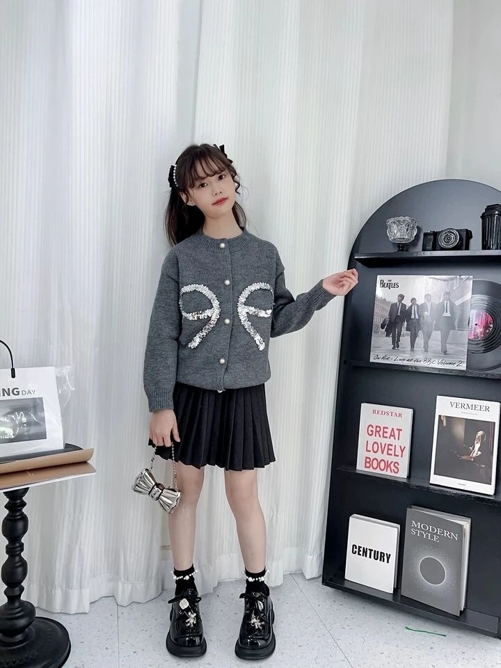 春秋女童长袖套装新款儿童衣服针织开衫外套女孩秋装百褶裙两件套