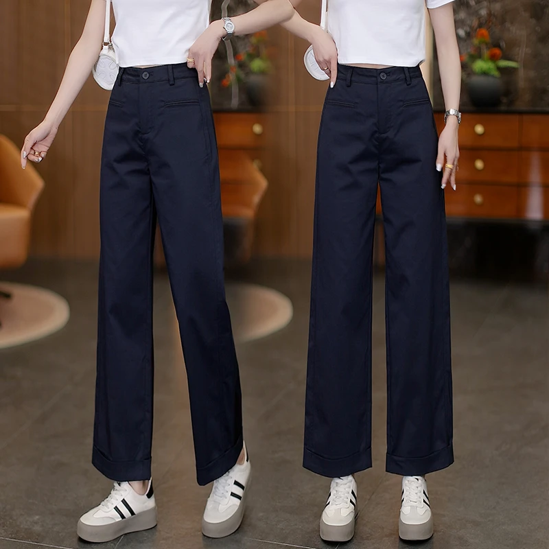 新款天丝高腰阔腿裤女夏季薄款2025宽松垂感小个子九分翻边直筒裤
