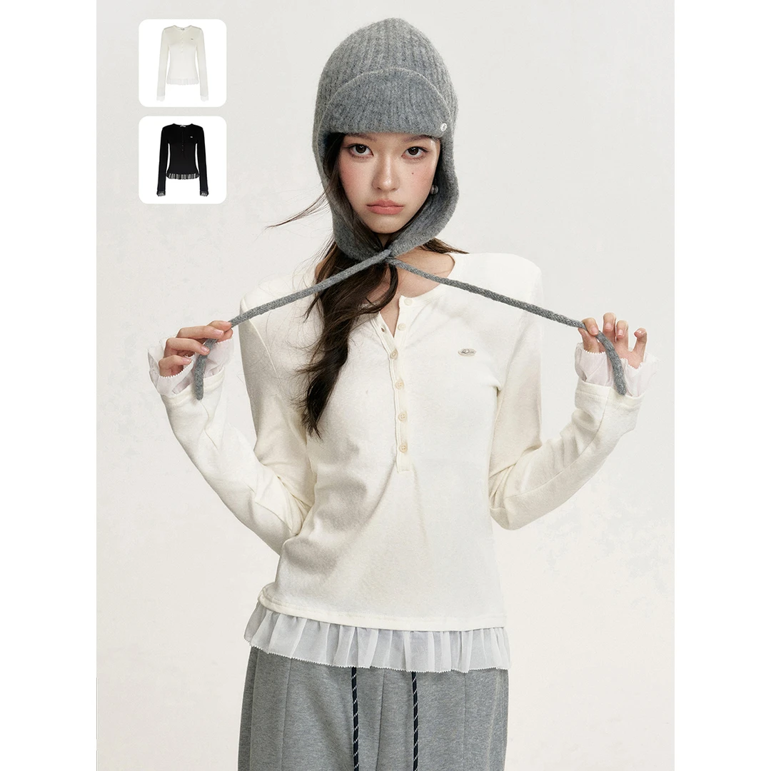 16DEWS    欧根纱拼接纯色圆领打底