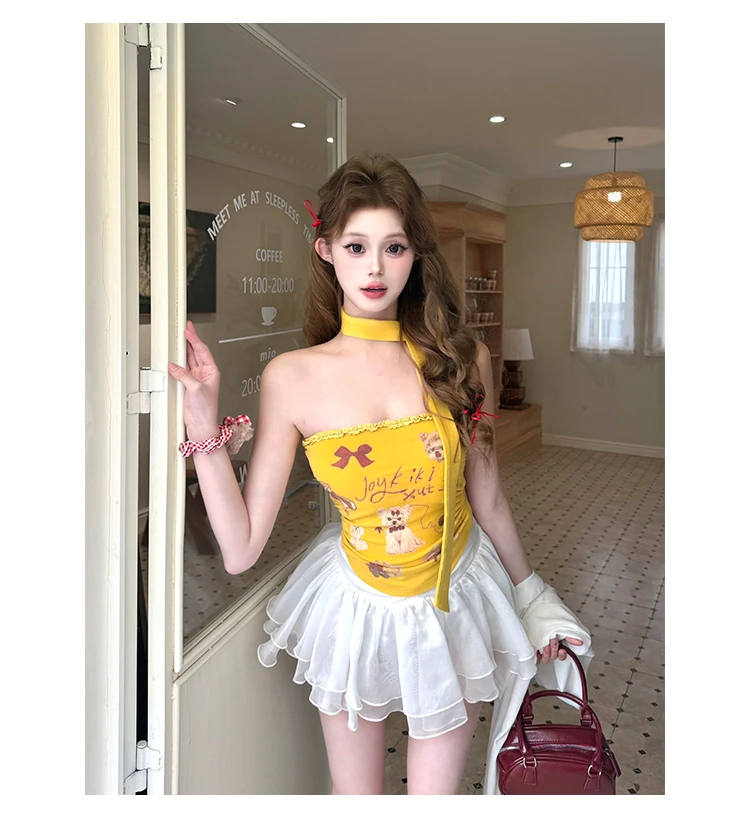 【萌宠派对】时尚性感抹胸外穿女夏季新款小众甜美减龄印花上衣ins