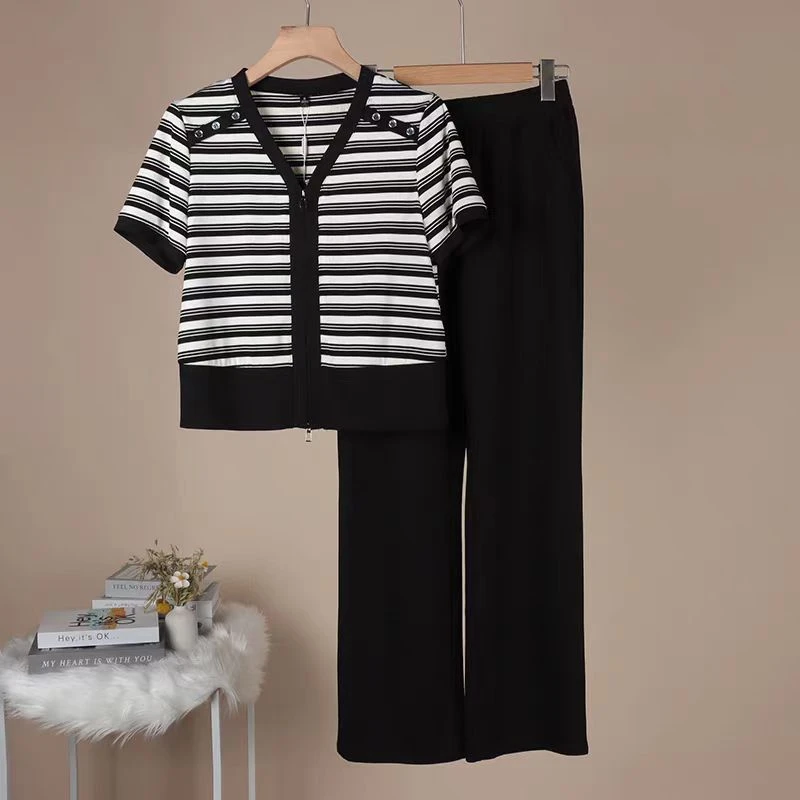 S448【专属】25新款条纹拼色上衣阔腿裤两件套套装RS-SFED24BT7061