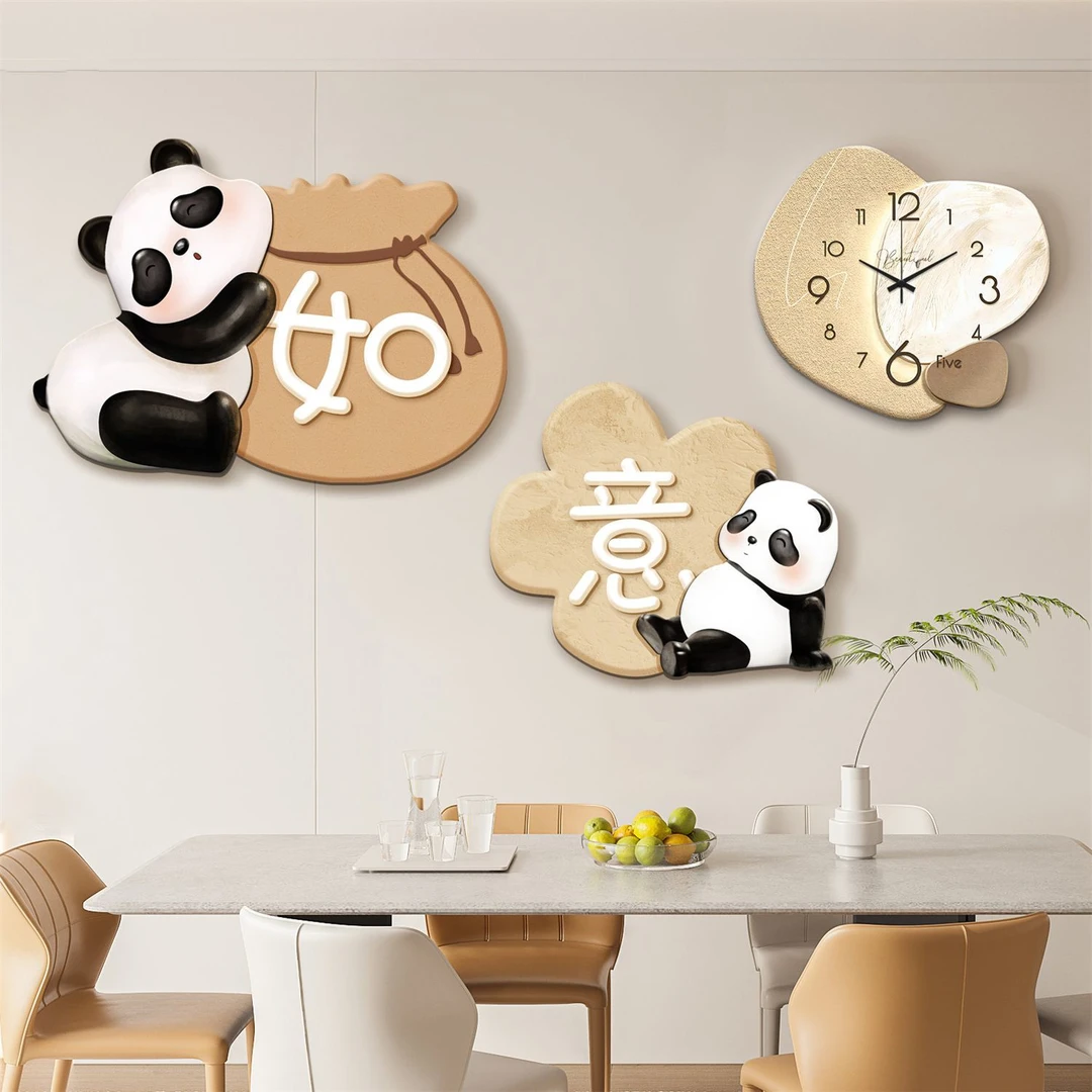 熊猫装饰画餐厅墙面装饰画餐桌好寓意挂画背景墙带钟表壁画