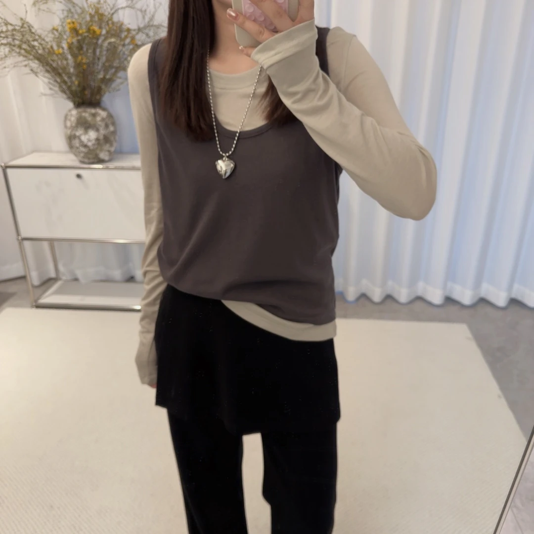 【叠穿快乐】早春新款T恤背心两件套女2025韩系显瘦针织长袖上衣