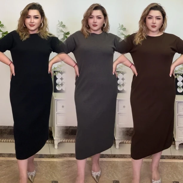 春夏大码百搭极简显瘦长款黑色休闲宽松连衣裙