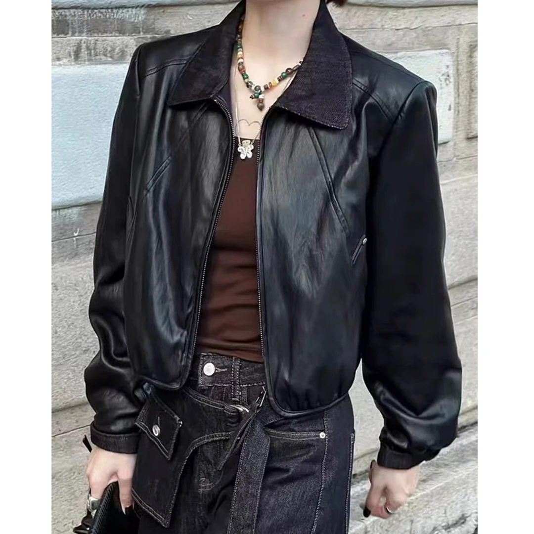 2025年秋冬新款时尚夹棉长袖短款皮衣外套女牛仔翻领拼接皮夹克