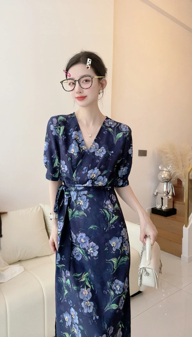 【小乔定制】2025新款国风碎花裙气质收腰修身系带短袖连衣裙