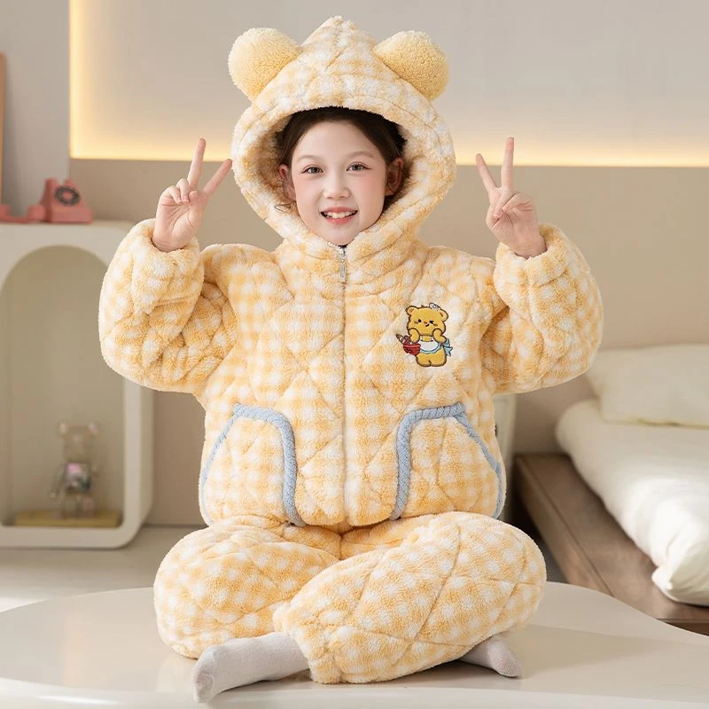 三层夹棉2025冬季新款儿童睡衣保暖加绒加厚珊瑚绒女童家居服套装