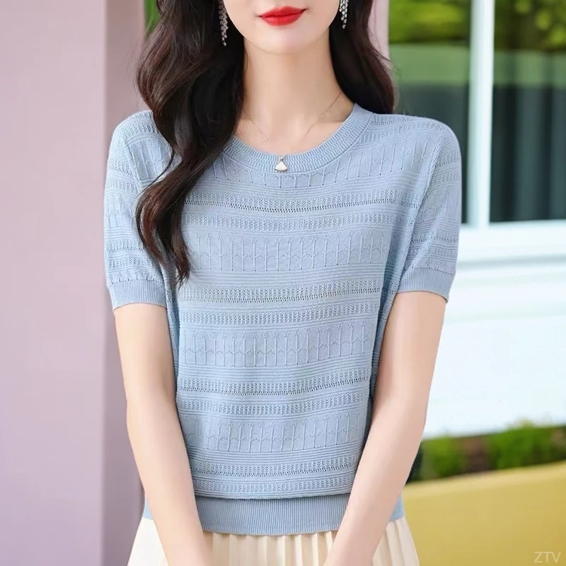 冰丝针织T恤女2025夏季洋气显瘦遮肚子设计感时尚宽松慵懒风上衣