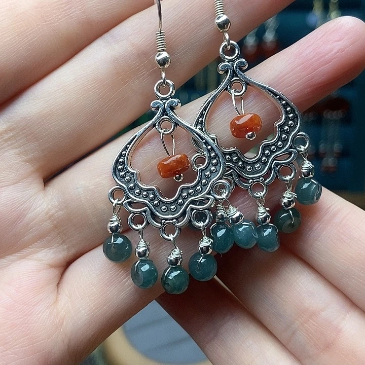 石英质玉耳钉银S925镶嵌