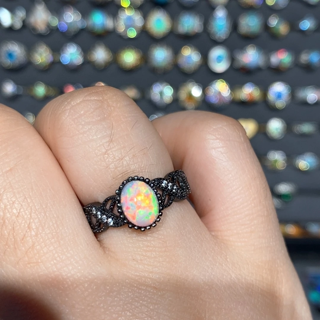 欧泊银S925镶嵌极光晕染火烧彩戒指