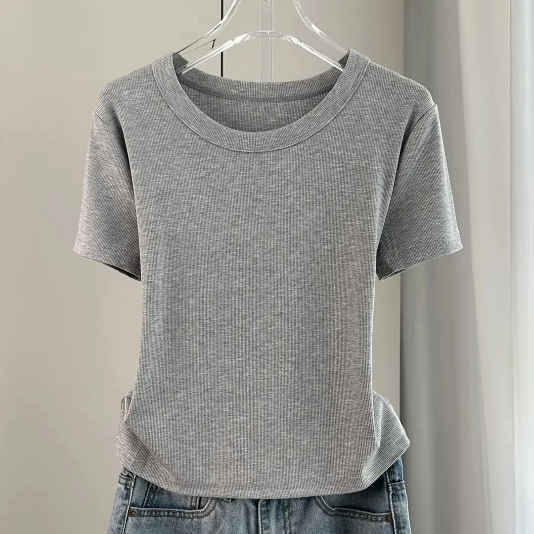 新款短袖T恤女夏季螺纹休闲上衣修身体恤纯色基础款打底衫简