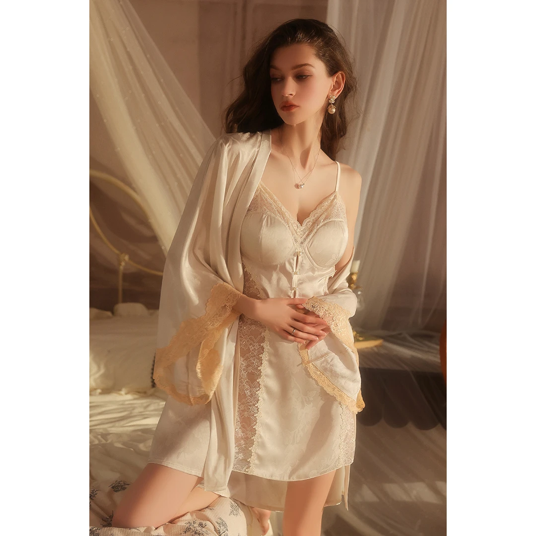 【垚光】加胸垫性感蕾丝睡衣纯欲舒适睡裙吊带长袖纯欲风外袍套装