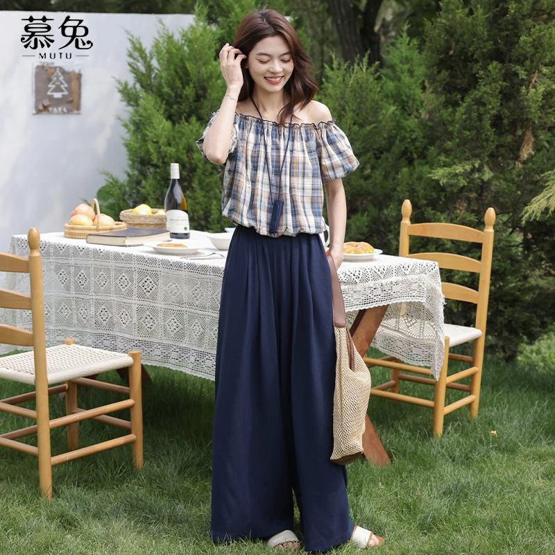 【粉丝专属】27059复古格子衬衫显瘦阔腿裤两件套女高级感时尚套装