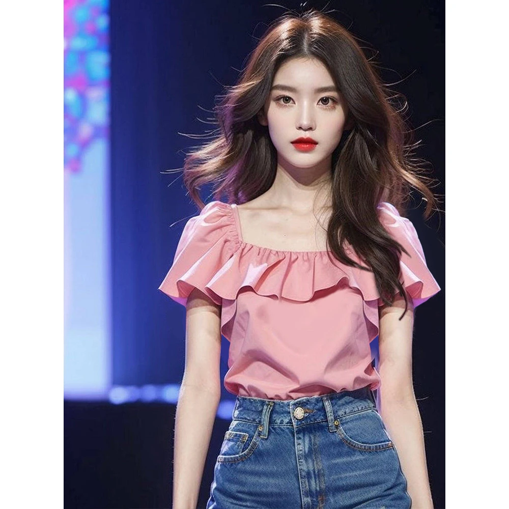 法式高级感上衣女独特漂亮小衫2025年夏季新款荷叶边粉色短袖衬衫