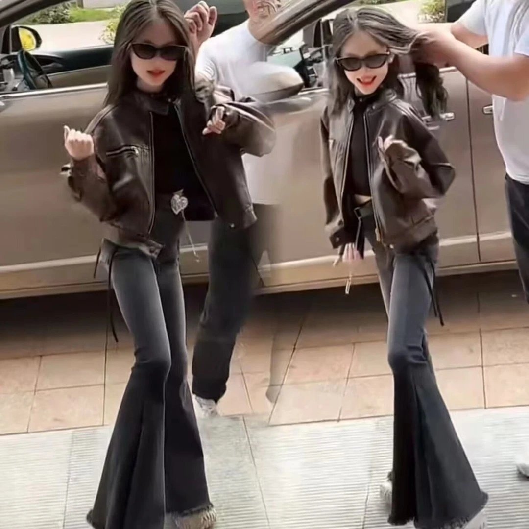 女童皮衣外套喇叭裤春秋2024新款中大儿童洋气马蹄裤气质女孩长裤