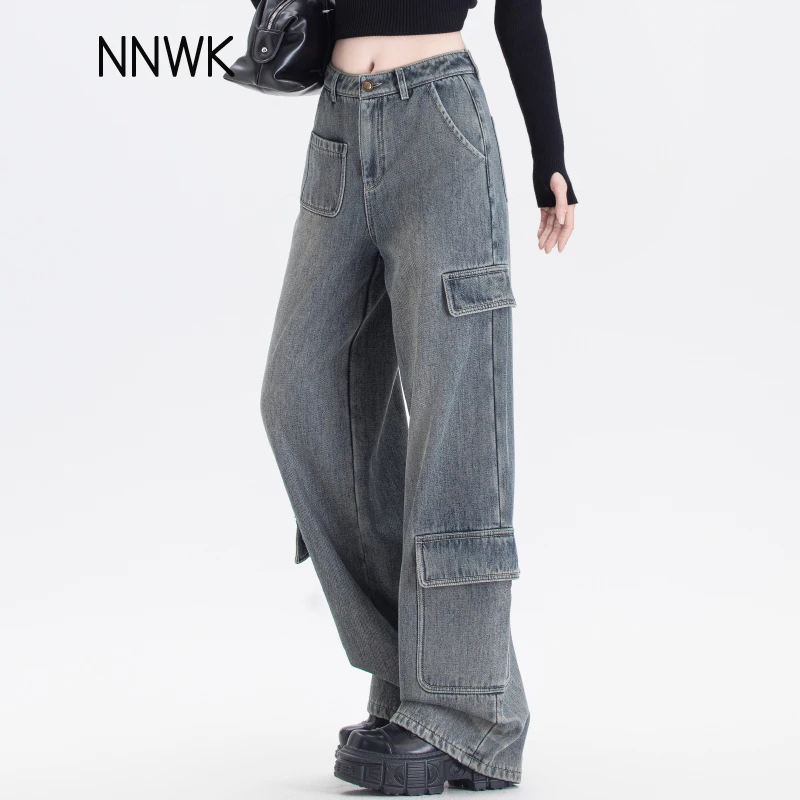 复古蓝美式多口袋加绒牛仔裤女爆款2025秋冬高腰工装裤直筒阔腿裤