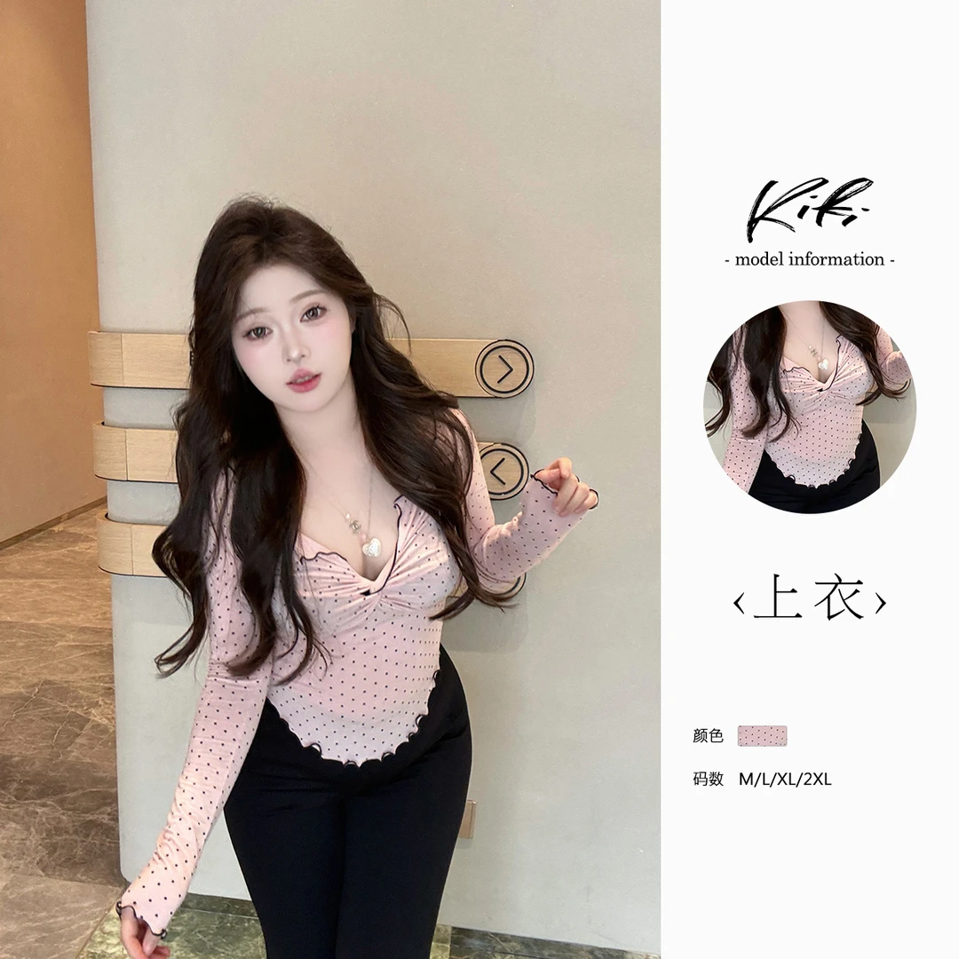KIKI【甜欲波波】V领扭结上衣女修身小众时尚波点长袖T恤打底衫针