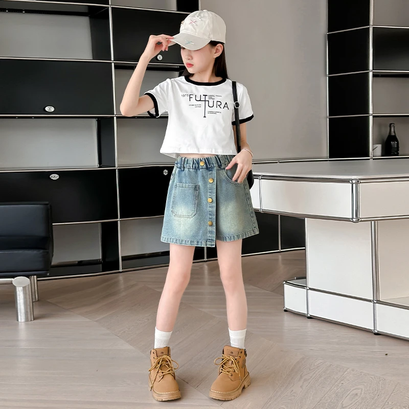 女童裤裙2025夏季新款洋气宽松牛仔短裤假两件儿童女大童夏装套装