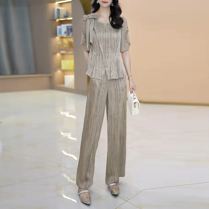 新款轻奢高级感中袖两件套女2025夏天气质名媛妈妈显瘦阔腿裤套装