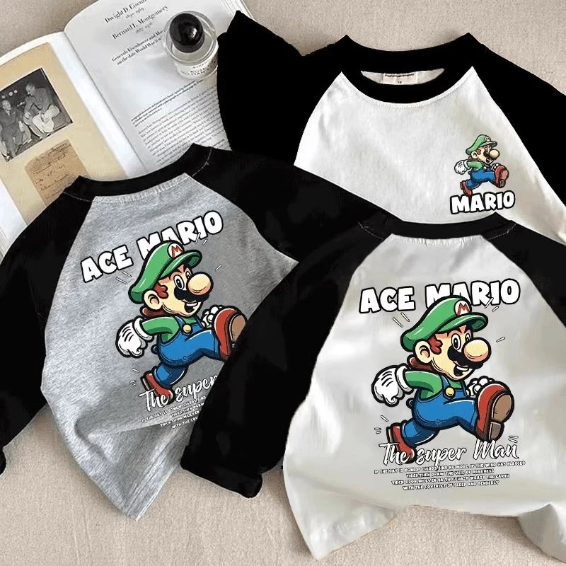 儿童T恤2025新款宝宝春秋中小童卡通马里奥100%纯棉长袖打底上衣