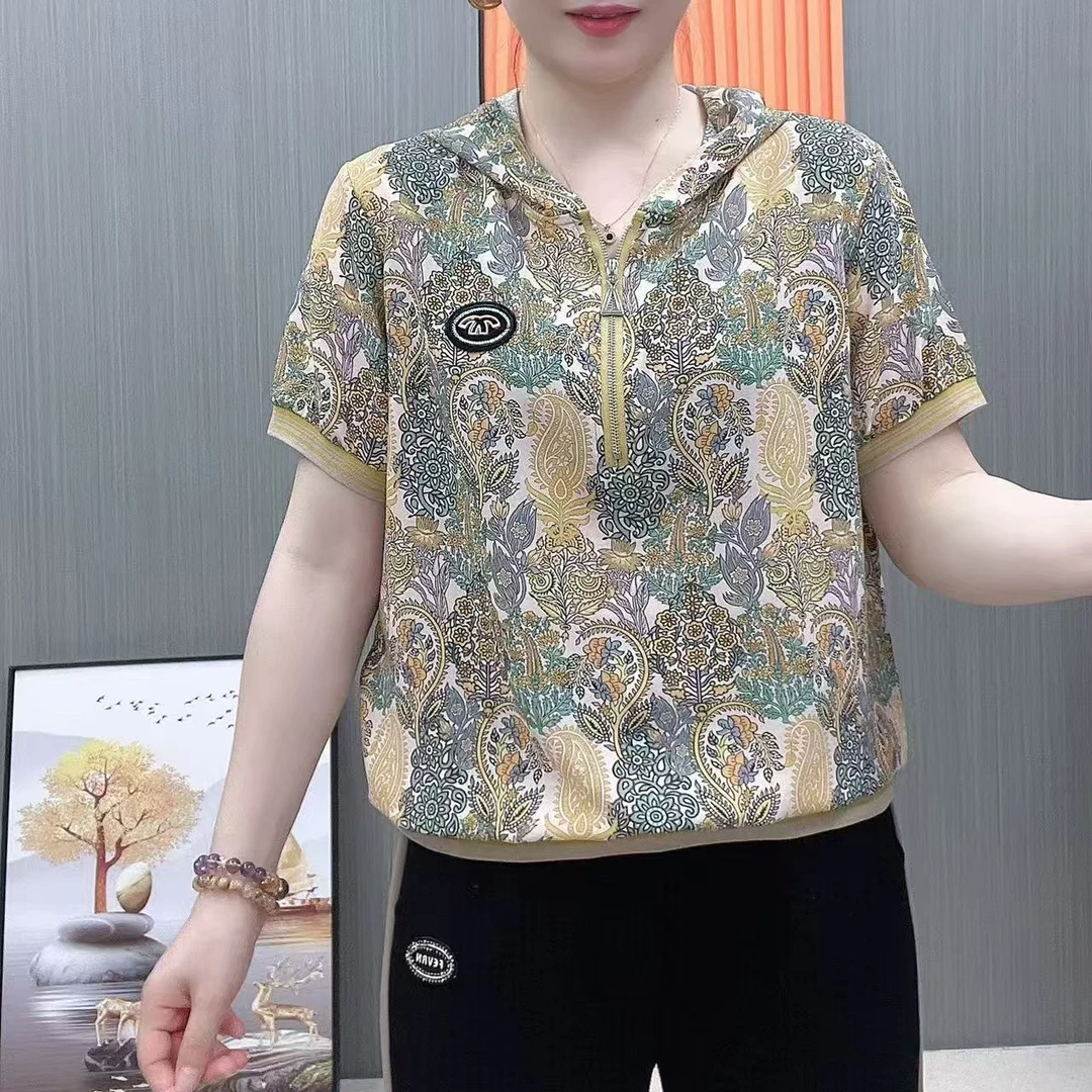 连帽薄款女装印花女士妈妈装半袖减龄宽松潮流翻领花色